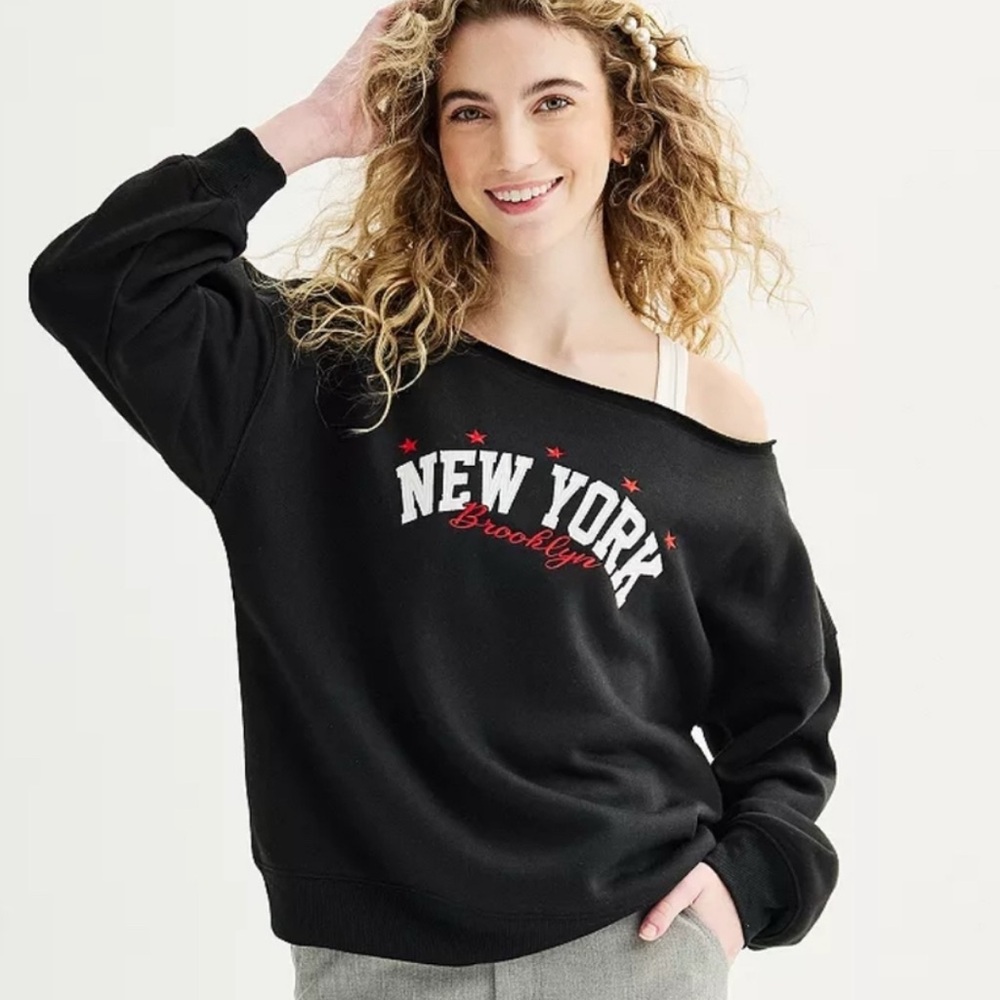 New Junior XL Off Shoulder Sweatshirt New York Brooklyn Stars Harper & Ivy women